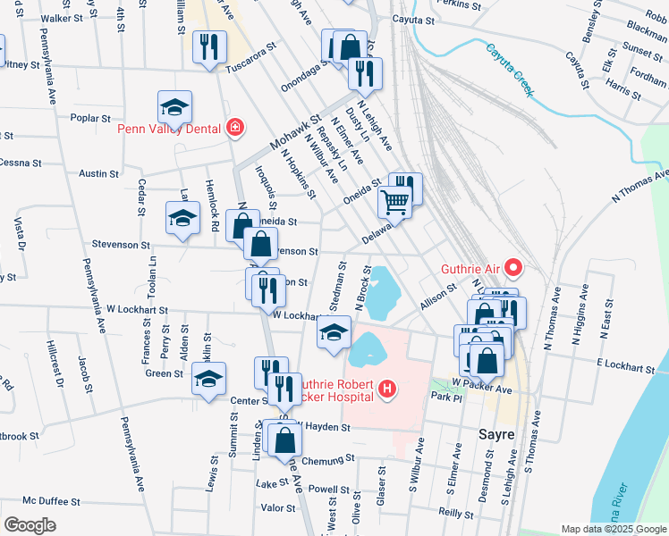 map of restaurants, bars, coffee shops, grocery stores, and more near 126 North Hopkins Street in Sayre