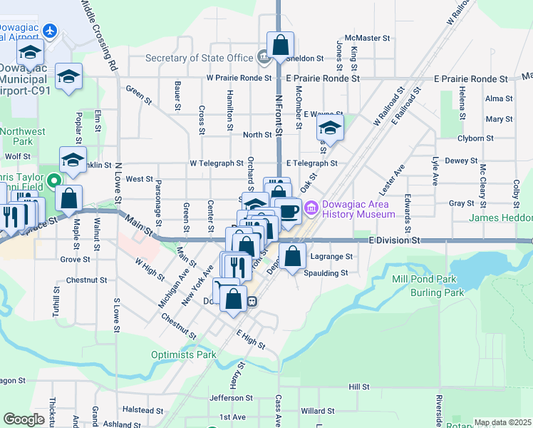 map of restaurants, bars, coffee shops, grocery stores, and more near 203 North Front Street in Dowagiac