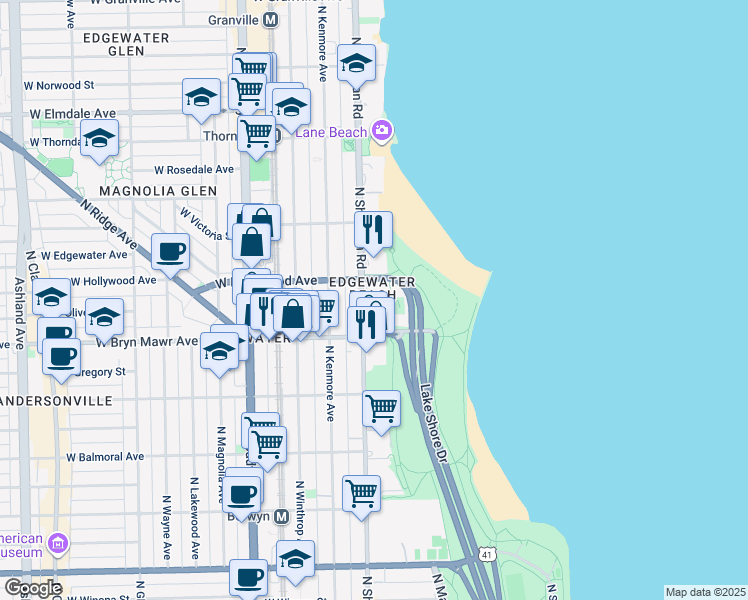 map of restaurants, bars, coffee shops, grocery stores, and more near 5623 North Sheridan Road in Chicago
