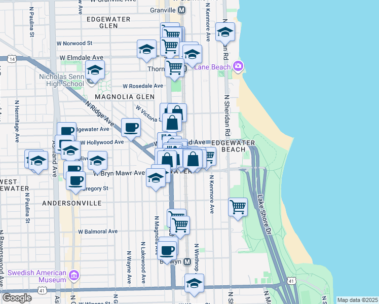 map of restaurants, bars, coffee shops, grocery stores, and more near 5644 North Winthrop Avenue in Chicago