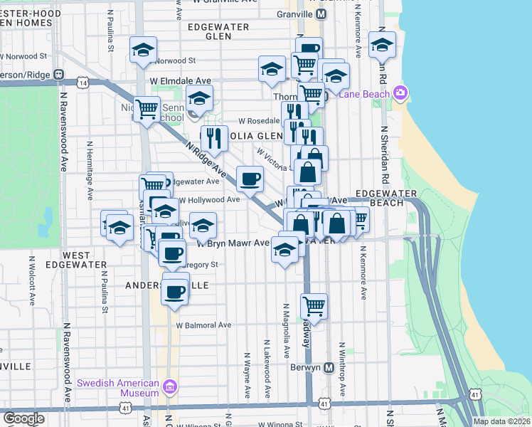 map of restaurants, bars, coffee shops, grocery stores, and more near 5680 North Ridge Avenue in Chicago