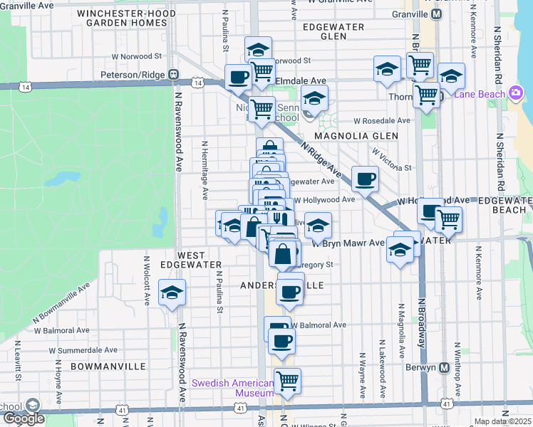 map of restaurants, bars, coffee shops, grocery stores, and more near 5659 North Clark Street in Chicago