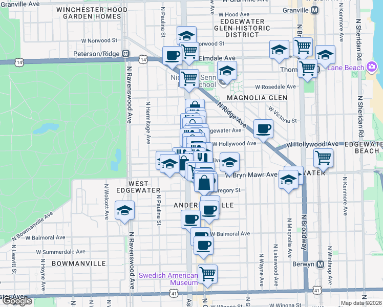 map of restaurants, bars, coffee shops, grocery stores, and more near 5659 North Clark Street in Chicago