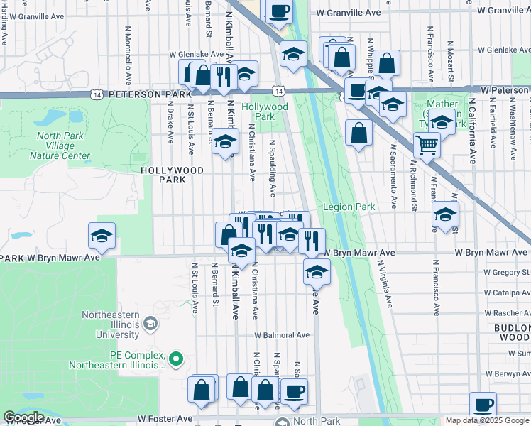 map of restaurants, bars, coffee shops, grocery stores, and more near 5701 North Christiana Avenue in Chicago
