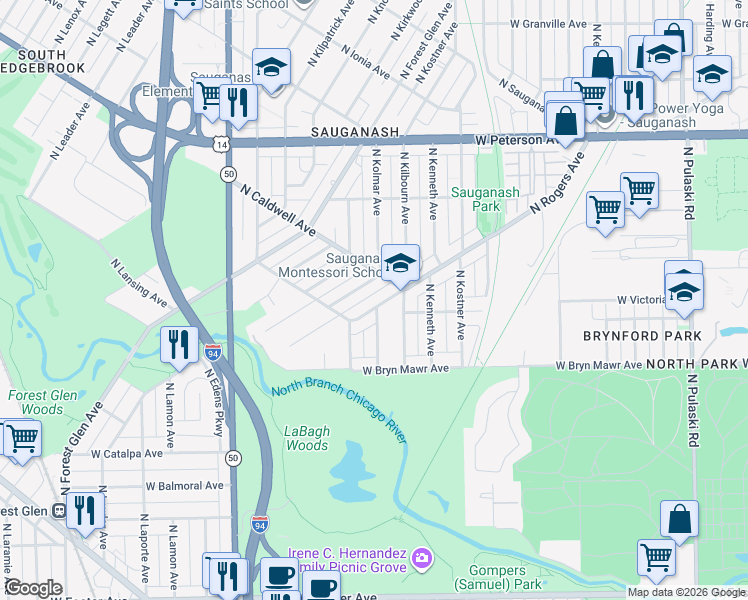 map of restaurants, bars, coffee shops, grocery stores, and more near 5739 North Kerbs Avenue in Chicago