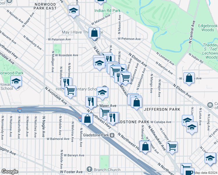 map of restaurants, bars, coffee shops, grocery stores, and more near 6008 West Seminole Street in Chicago