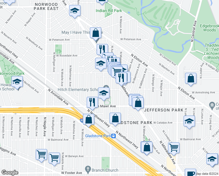 map of restaurants, bars, coffee shops, grocery stores, and more near 6008 West Seminole Street in Chicago