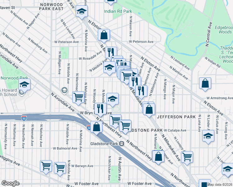 map of restaurants, bars, coffee shops, grocery stores, and more near 6008 West Seminole Street in Chicago
