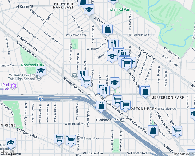 map of restaurants, bars, coffee shops, grocery stores, and more near 5707 North Moody Avenue in Chicago