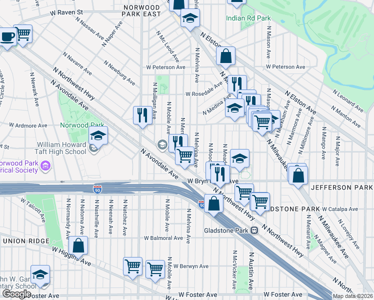 map of restaurants, bars, coffee shops, grocery stores, and more near 5706 North Melvina Avenue in Chicago
