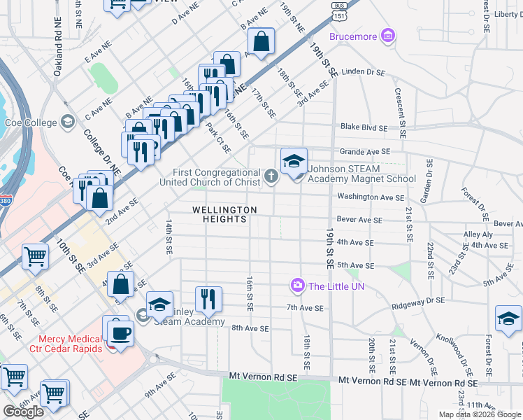 map of restaurants, bars, coffee shops, grocery stores, and more near 1622 Bever Avenue Southeast in Cedar Rapids