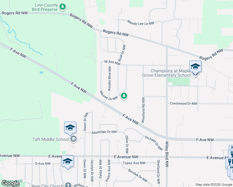 map of restaurants, bars, coffee shops, grocery stores, and more near 1008 Wolf Drive Northwest in Cedar Rapids