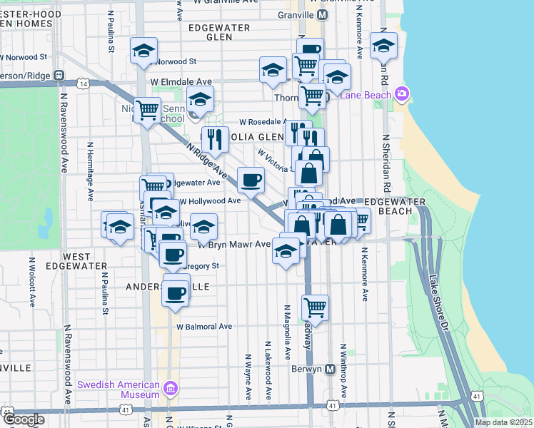 map of restaurants, bars, coffee shops, grocery stores, and more near 5680 North Ridge Avenue in Chicago