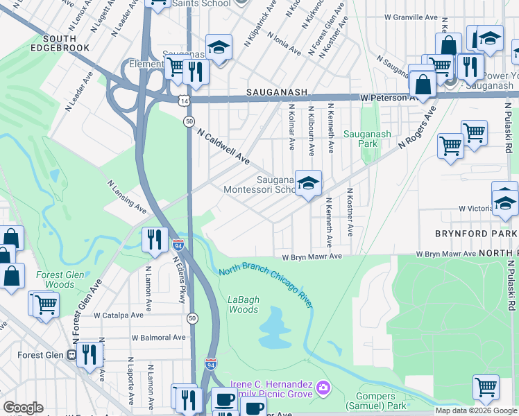map of restaurants, bars, coffee shops, grocery stores, and more near 5704 North Kerbs Avenue in Chicago