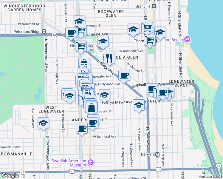 map of restaurants, bars, coffee shops, grocery stores, and more near 1422 West Olive Avenue in Chicago