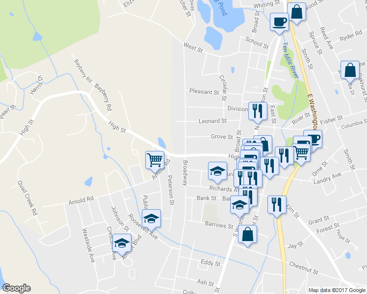 map of restaurants, bars, coffee shops, grocery stores, and more near 354 Broadway in North Attleborough