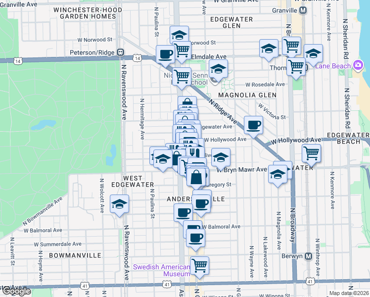 map of restaurants, bars, coffee shops, grocery stores, and more near 5659 North Clark Street in Chicago