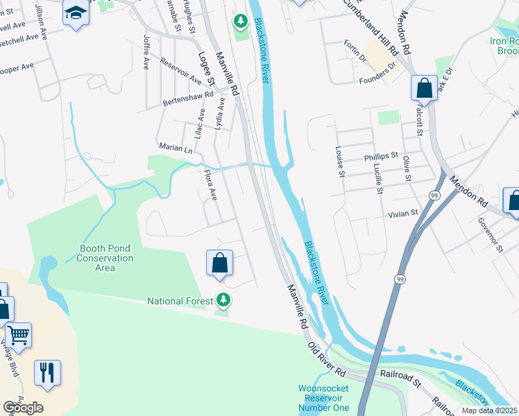 map of restaurants, bars, coffee shops, grocery stores, and more near 1423 Manville Road in Woonsocket