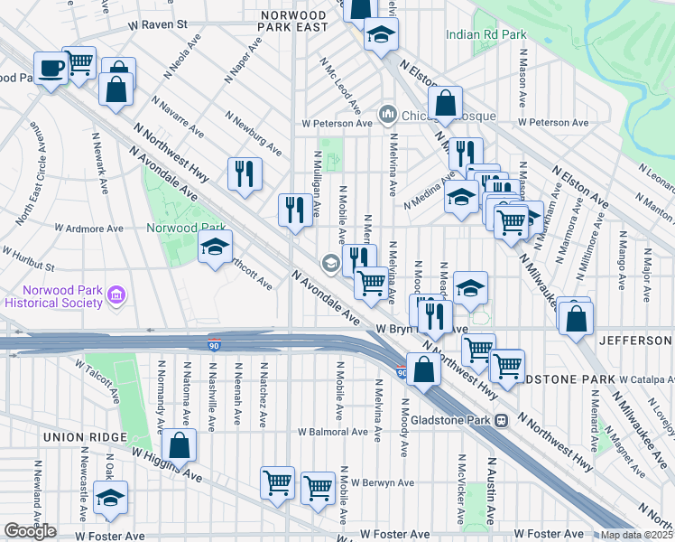 map of restaurants, bars, coffee shops, grocery stores, and more near 5689 North Northwest Highway in Chicago