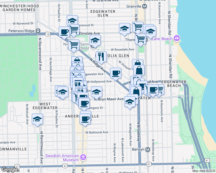 map of restaurants, bars, coffee shops, grocery stores, and more near 5645 North Glenwood Avenue in Chicago