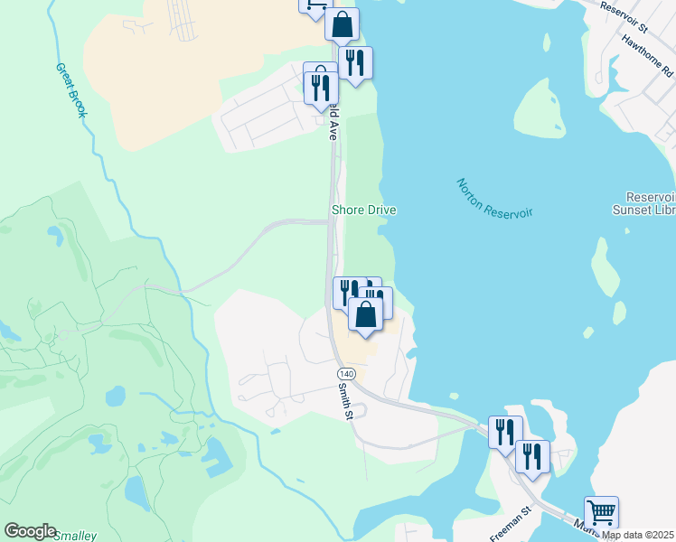 map of restaurants, bars, coffee shops, grocery stores, and more near 207 Mansfield Avenue in Norton