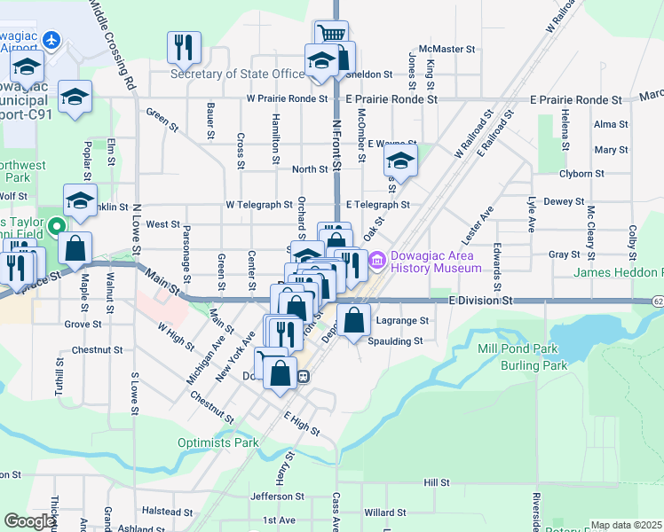 map of restaurants, bars, coffee shops, grocery stores, and more near 203 North Front Street in Dowagiac