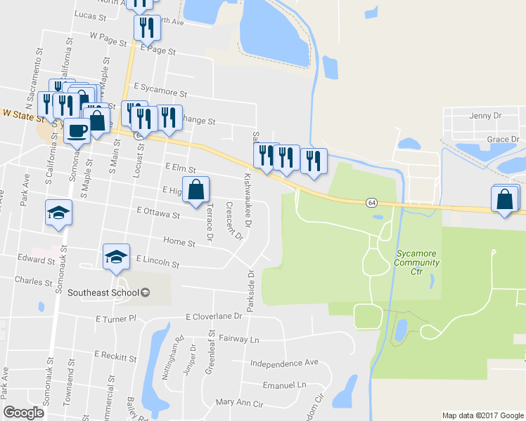 map of restaurants, bars, coffee shops, grocery stores, and more near 339 Parkside Drive in Sycamore