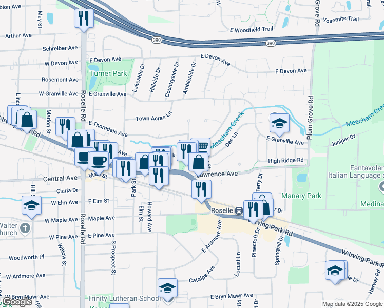 map of restaurants, bars, coffee shops, grocery stores, and more near 231 Park Lane in Roselle