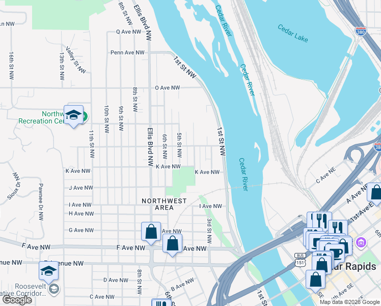 map of restaurants, bars, coffee shops, grocery stores, and more near 1228 4th Street Northwest in Cedar Rapids