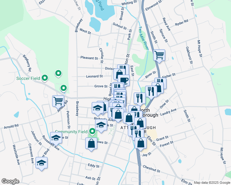 map of restaurants, bars, coffee shops, grocery stores, and more near 104 North Washington Street in North Attleborough