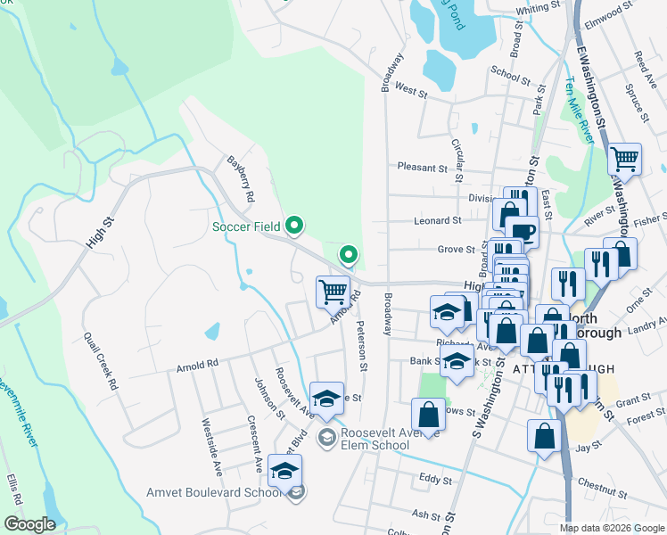 map of restaurants, bars, coffee shops, grocery stores, and more near 6 Sumner Street in North Attleborough