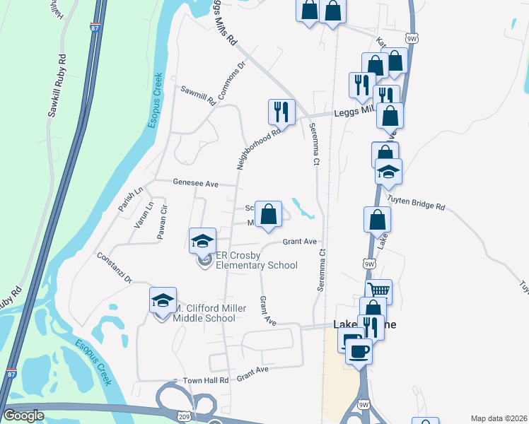 map of restaurants, bars, coffee shops, grocery stores, and more near 30 Schuler Ln in Lake Katrine