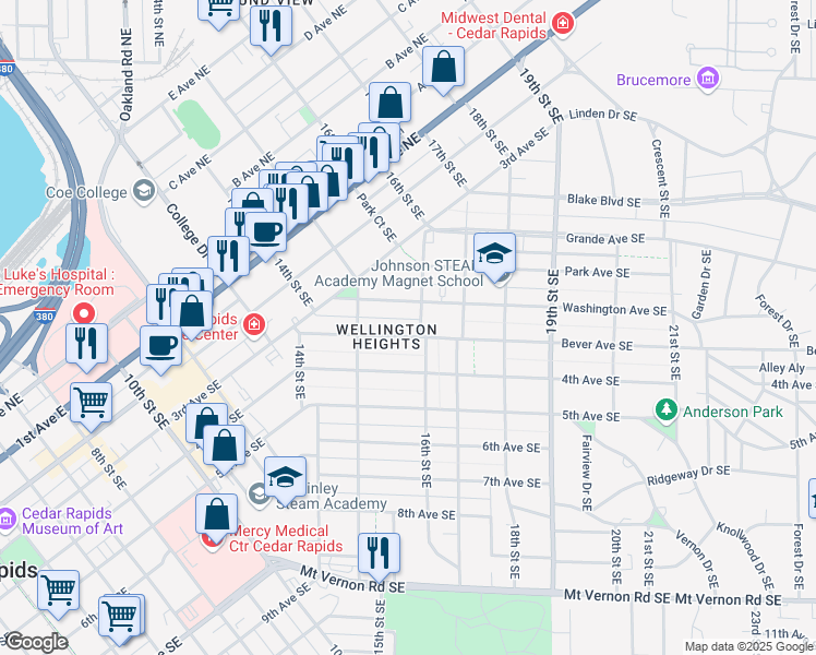 map of restaurants, bars, coffee shops, grocery stores, and more near 1550 Bever Ave SE in Cedar Rapids