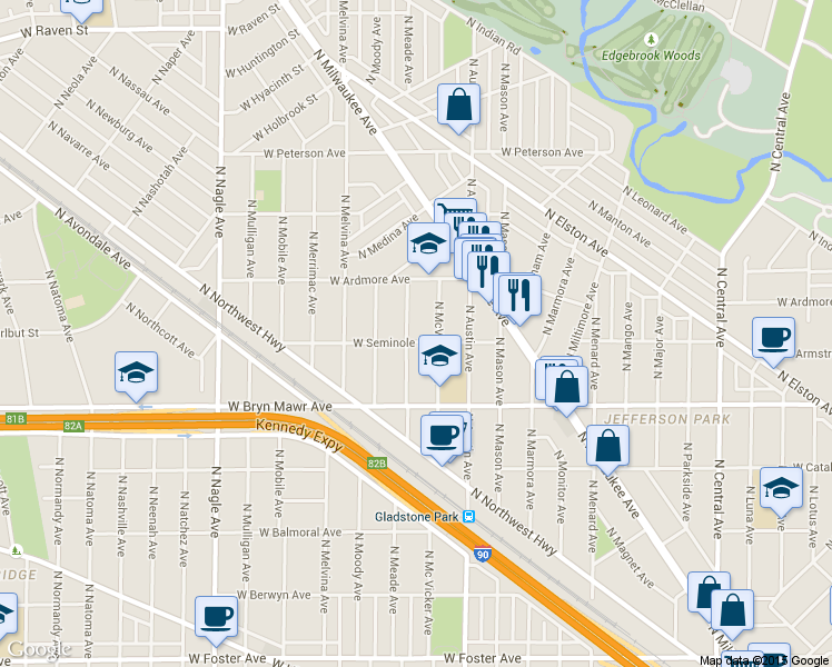 map of restaurants, bars, coffee shops, grocery stores, and more near 5705 North Meade Avenue in Chicago