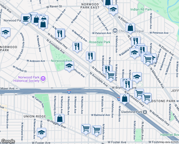 map of restaurants, bars, coffee shops, grocery stores, and more near North Nagle Avenue & North Avondale Avenue in Chicago