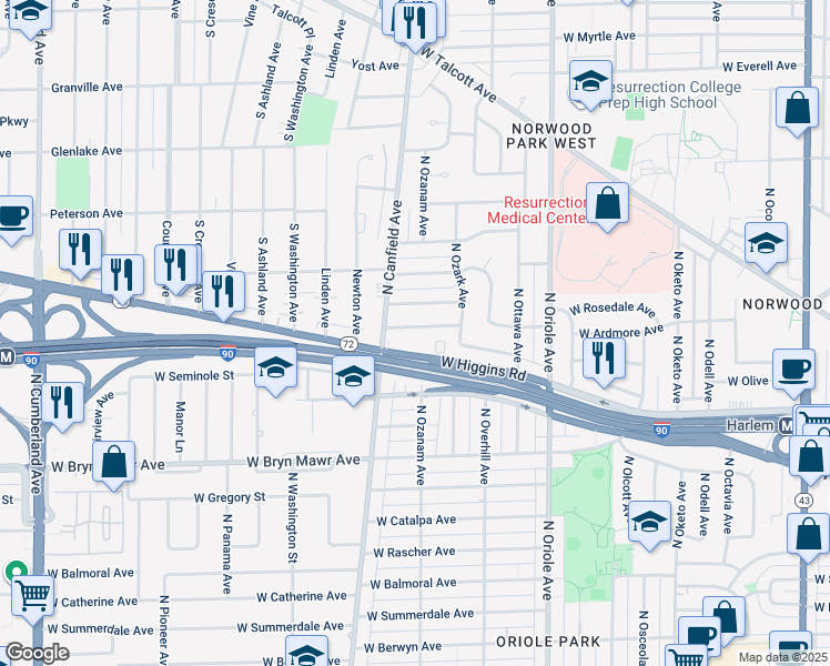 map of restaurants, bars, coffee shops, grocery stores, and more near 7803 West Victoria Street in Chicago
