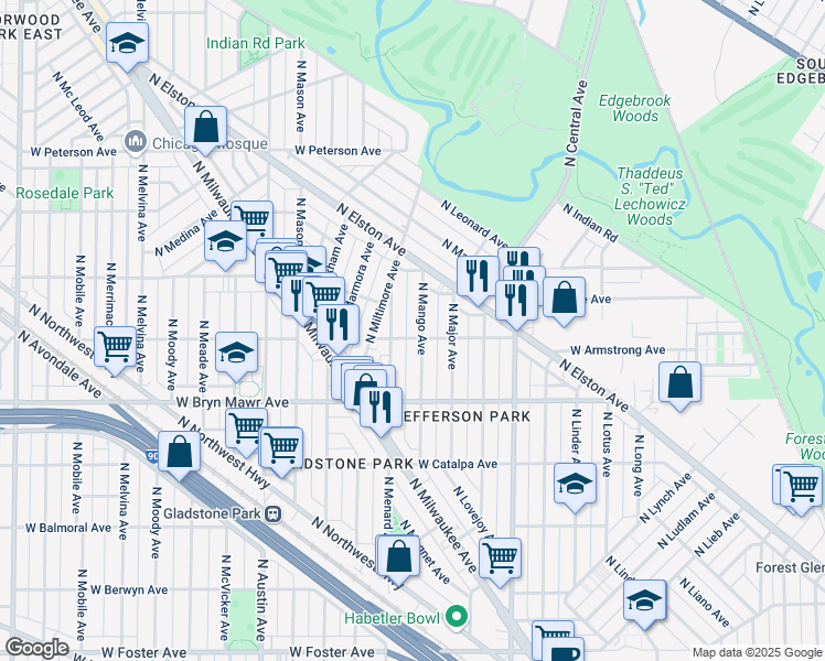 map of restaurants, bars, coffee shops, grocery stores, and more near 5704 North Mango Avenue in Chicago