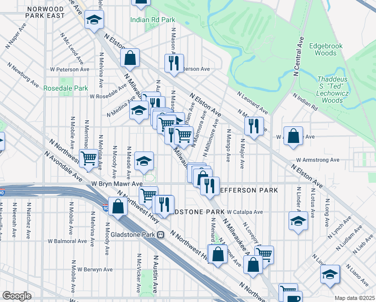 map of restaurants, bars, coffee shops, grocery stores, and more near 5720 North Marmora Avenue in Chicago