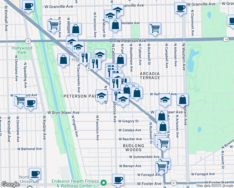 map of restaurants, bars, coffee shops, grocery stores, and more near 5656 North Lincoln Avenue in Chicago
