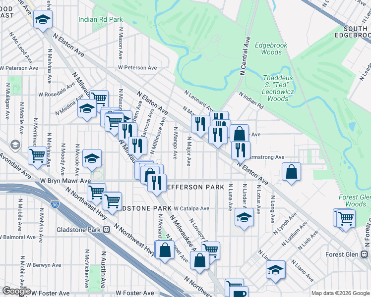 map of restaurants, bars, coffee shops, grocery stores, and more near 5704 North Major Avenue in Chicago