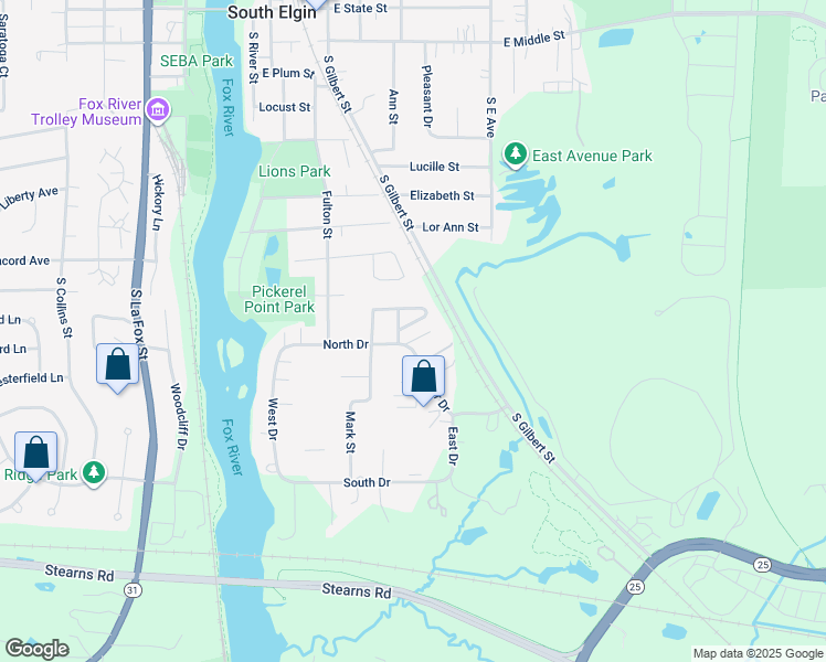 map of restaurants, bars, coffee shops, grocery stores, and more near 611 Williams Drive in South Elgin