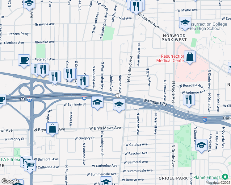 map of restaurants, bars, coffee shops, grocery stores, and more near 110 West Higgins Road in Park Ridge