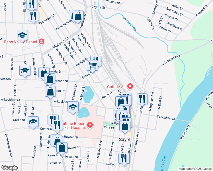 map of restaurants, bars, coffee shops, grocery stores, and more near 210 North Elmer Avenue in Sayre