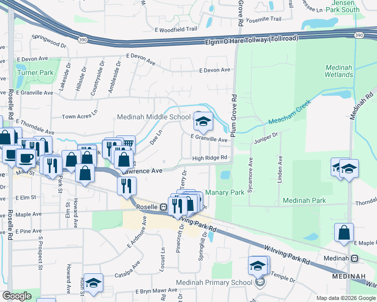 map of restaurants, bars, coffee shops, grocery stores, and more near 48 Century Drive in Roselle