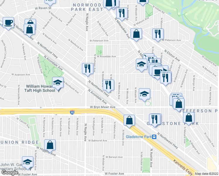 map of restaurants, bars, coffee shops, grocery stores, and more near 5706 North Merrimac Avenue in Chicago
