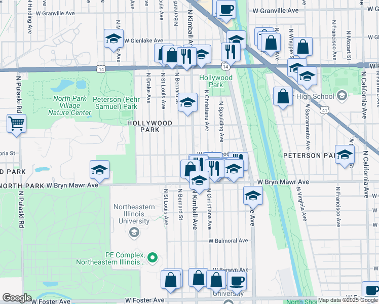 map of restaurants, bars, coffee shops, grocery stores, and more near 5700 North Kimball Avenue in Chicago