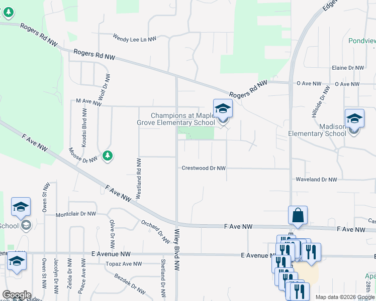 map of restaurants, bars, coffee shops, grocery stores, and more near 1233 41st Street Court Northwest in Cedar Rapids