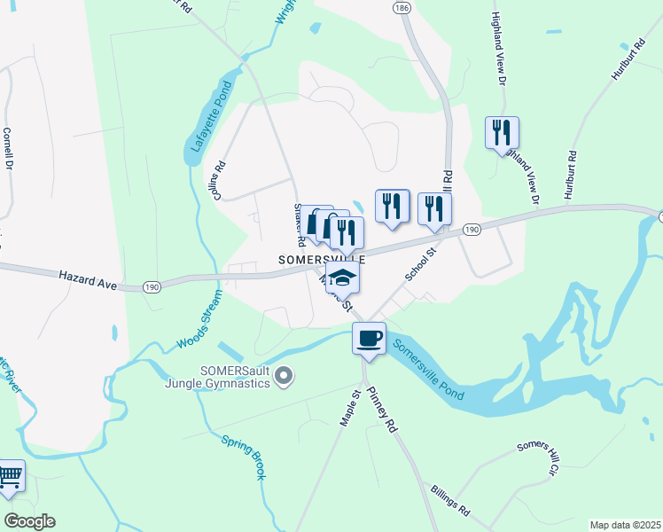 map of restaurants, bars, coffee shops, grocery stores, and more near 124 Main Street in Somers