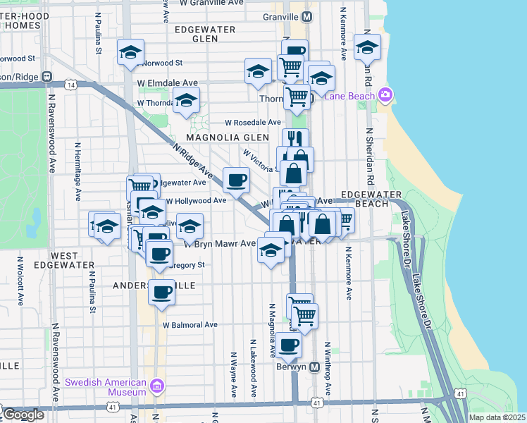 map of restaurants, bars, coffee shops, grocery stores, and more near 5648 North Magnolia Avenue in Chicago