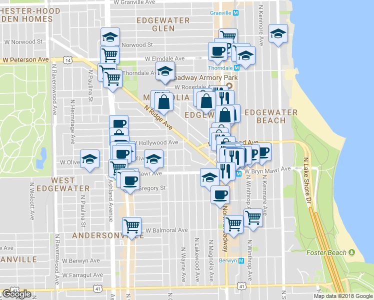 map of restaurants, bars, coffee shops, grocery stores, and more near 5680 North Ridge Avenue in Chicago